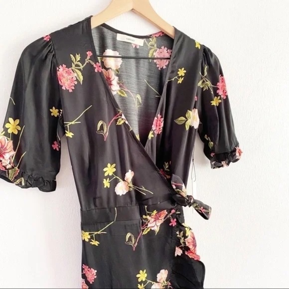 Revolve Capulet Nadine Black Floral Satin Flutter Hem Short Sleeve Wrap Dresss - Picture 2 of 7